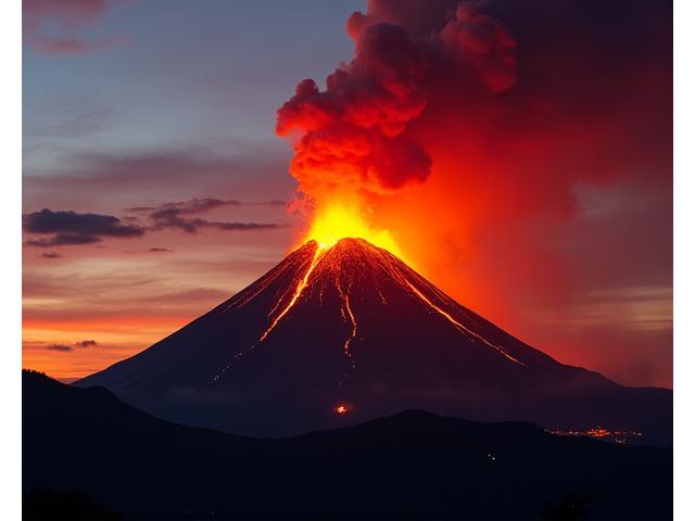 Vulkan Fuego i Guatemala med utbrudd ved solnedgang