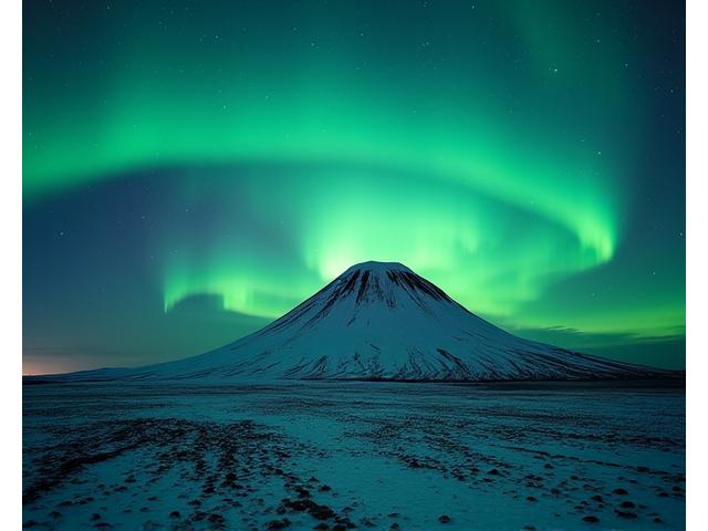 Nordlys over en islandsk vulkan