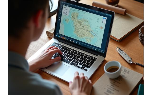 Person planning a trip on a laptop, surrounded by travel items