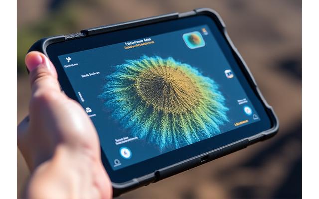 Hand holding a tablet with an interactive map of a volcano