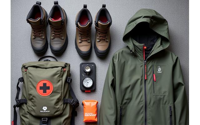 Arrangement of rugged outdoor adventure gear