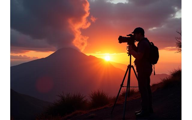 Photographer with a drone capturing a volcanic sunrise